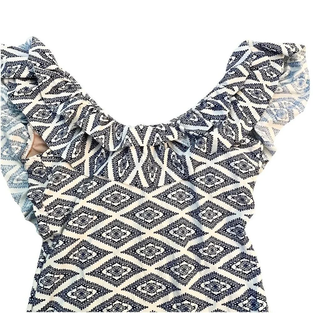 Tart Collections Women’s One Piece Swimsuit Size Small White Blue Ruffle